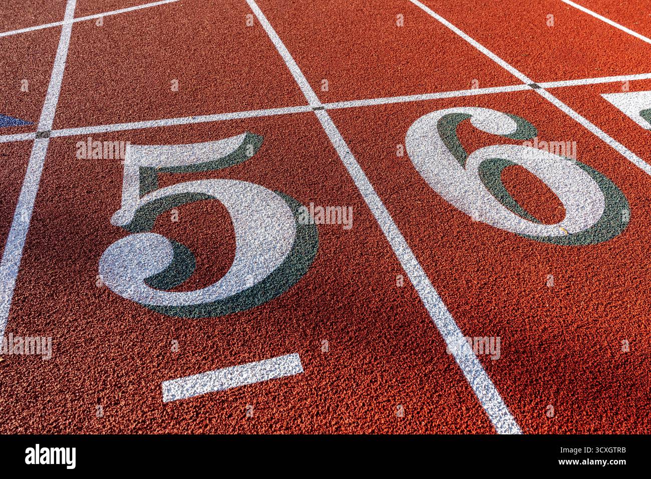 Foto ravvicinata della pista da corsa all'aperto, numeri bianchi cinque sei, 5, 6, con ombra verde su una nuova pista rossa con linee bianche. Foto Stock