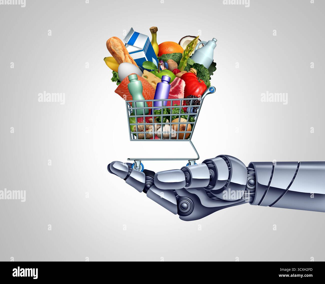 Shopping assistito dall'INTELLIGENZA ARTIFICIALE e vendita al dettaglio intelligente o acquisti automatizzati come assistente digitale acquistando nei negozi come shopping virtuale come robot con carrello. Foto Stock