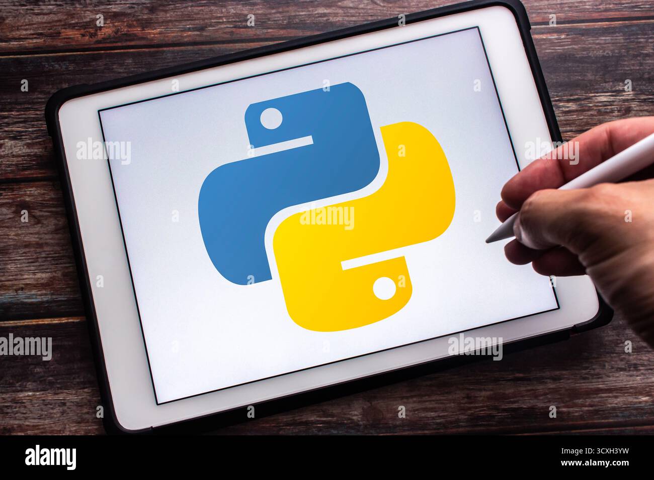 Quito, ECUADOR - 14 ottobre 2025 : Logo di pitone su tavoletta su tavolo di legno. Uomo che tiene la penna stilo wireless con la mano Foto Stock