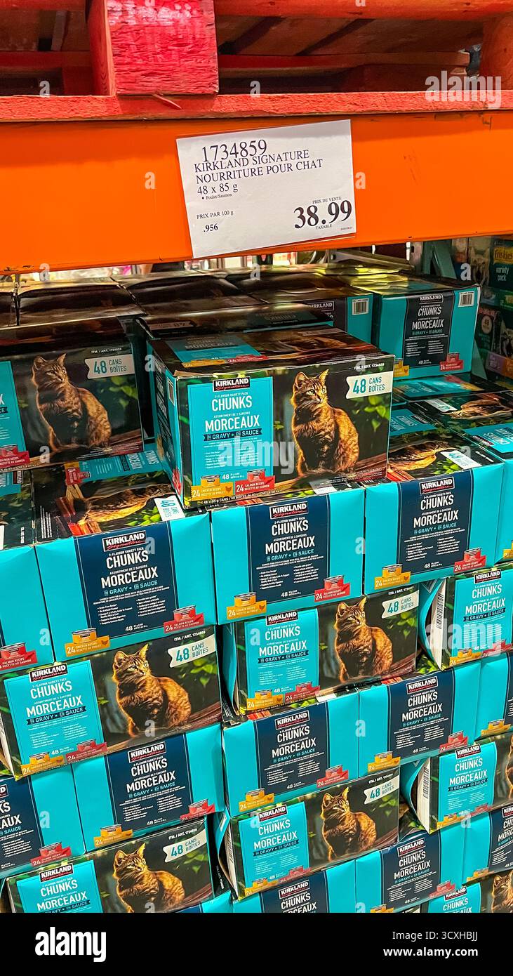 Ottawa ON, Canada - 7 settembre 2025: Scatole di alimenti umidi Cat disposte ordinatamente sugli scaffali di un negozio, evidenziando diversi gusti e marchi per animali domestici Foto Stock