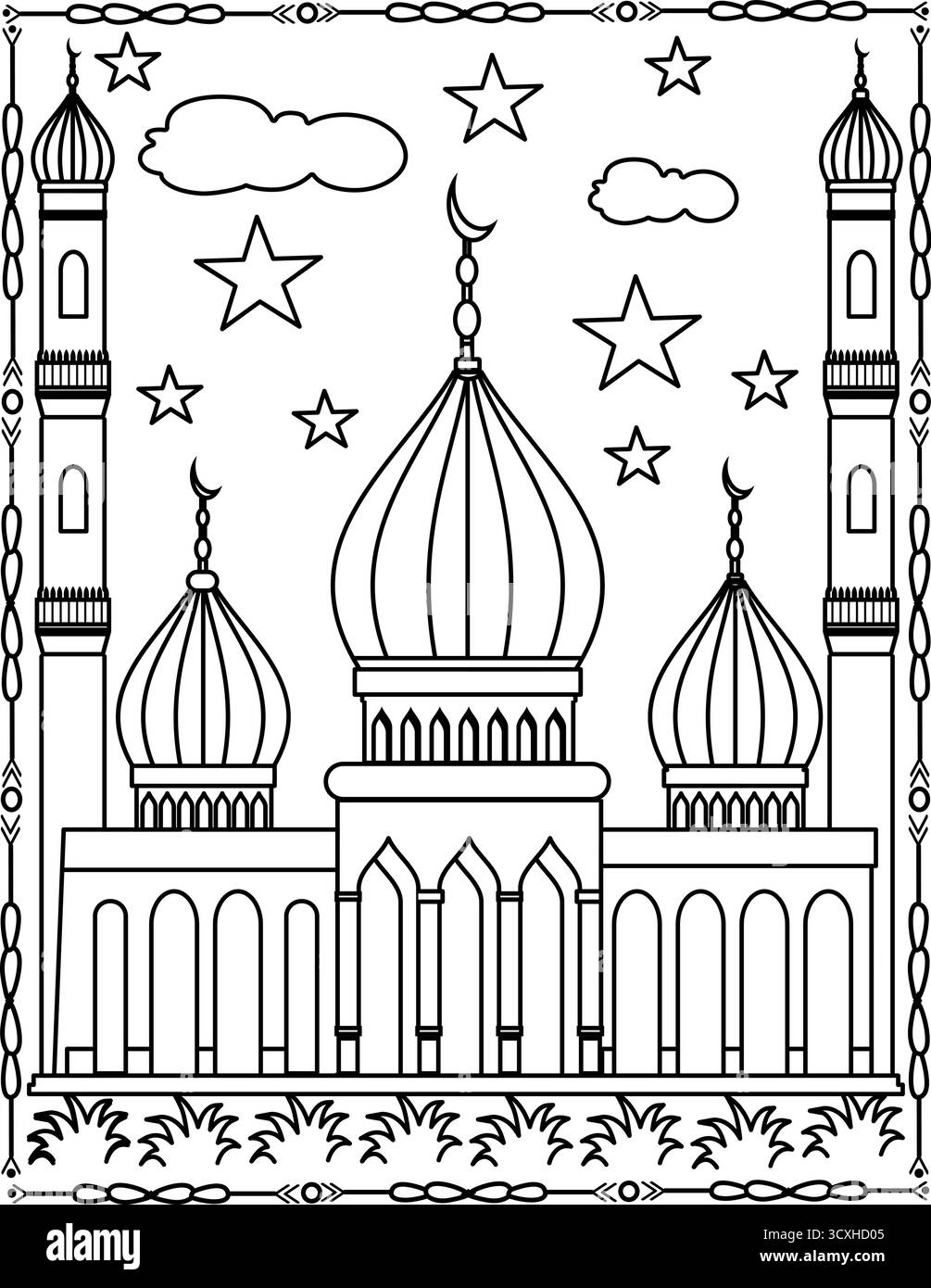 Pagina del libro da colorare della moschea islamica per bambini e adulti, con alberi e nuvole isolati su sfondo trasparente. Illustrazione Vettoriale