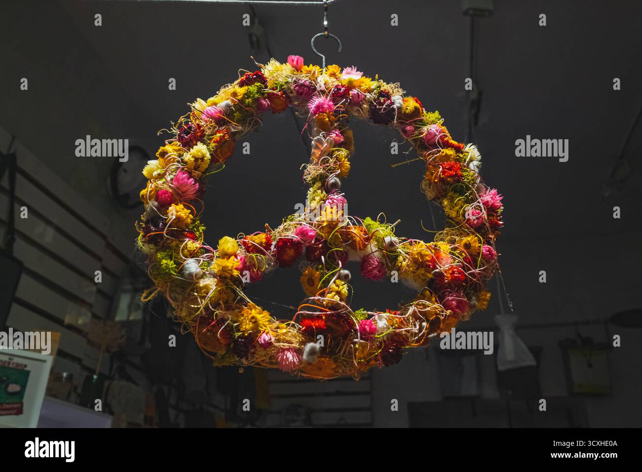 Una vivace corona di segni di pace appesa fatta di fiori secchi colorati e muschio Foto Stock