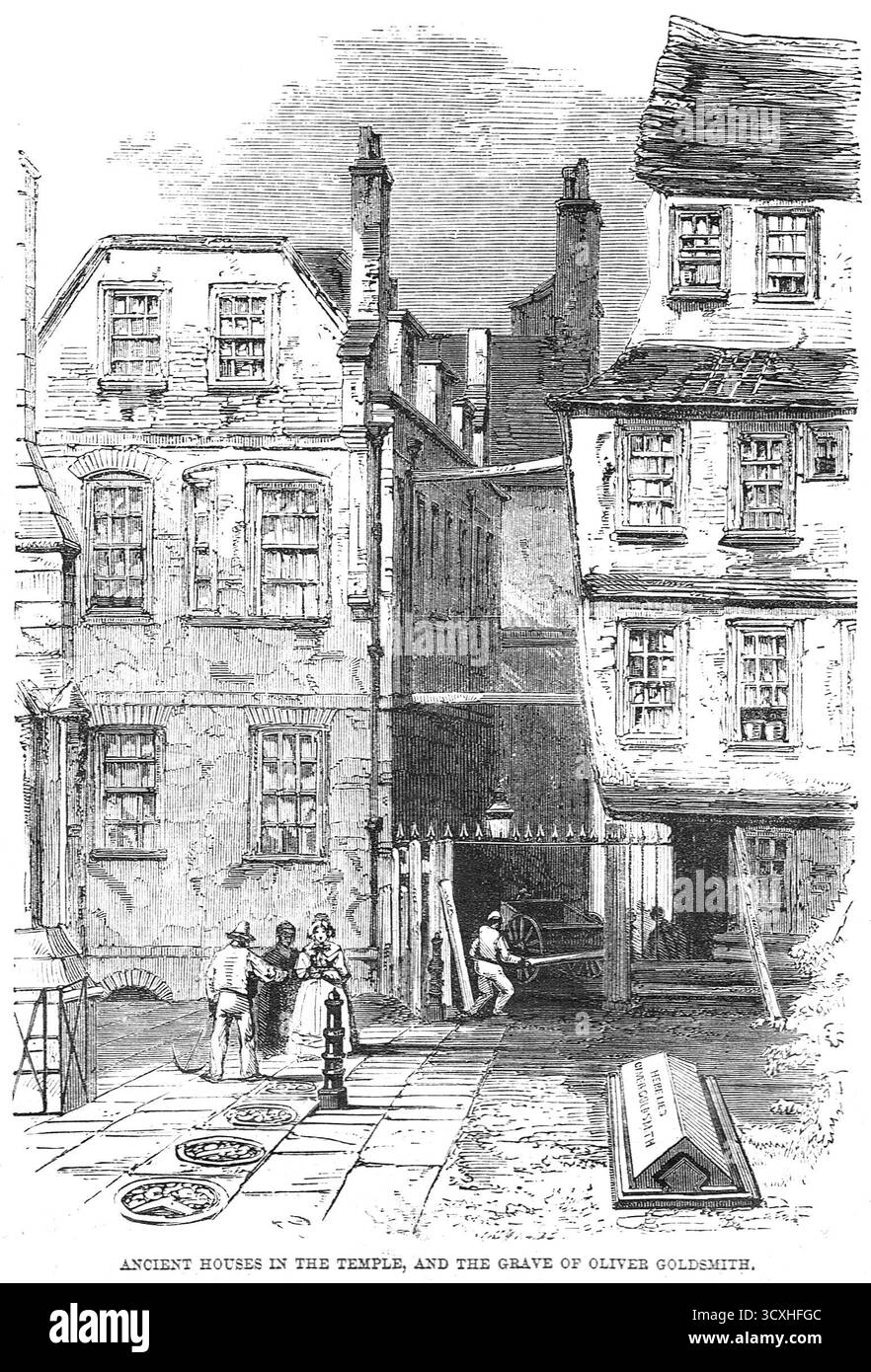 La tomba di Oliver Goldsmith, poeta e romanziere irlandese. Sepolto nei terreni della Chiesa di Santa Maria, Middle Temple, Fleet Street, Londra. Un'illustrazione del 1860. Foto Stock