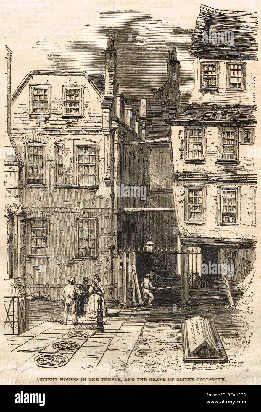 La tomba di Oliver Goldsmith, poeta e romanziere irlandese. Sepolto nei terreni della Chiesa di Santa Maria, Middle Temple, Fleet Street, Londra. Un'illustrazione del 1860. Foto Stock