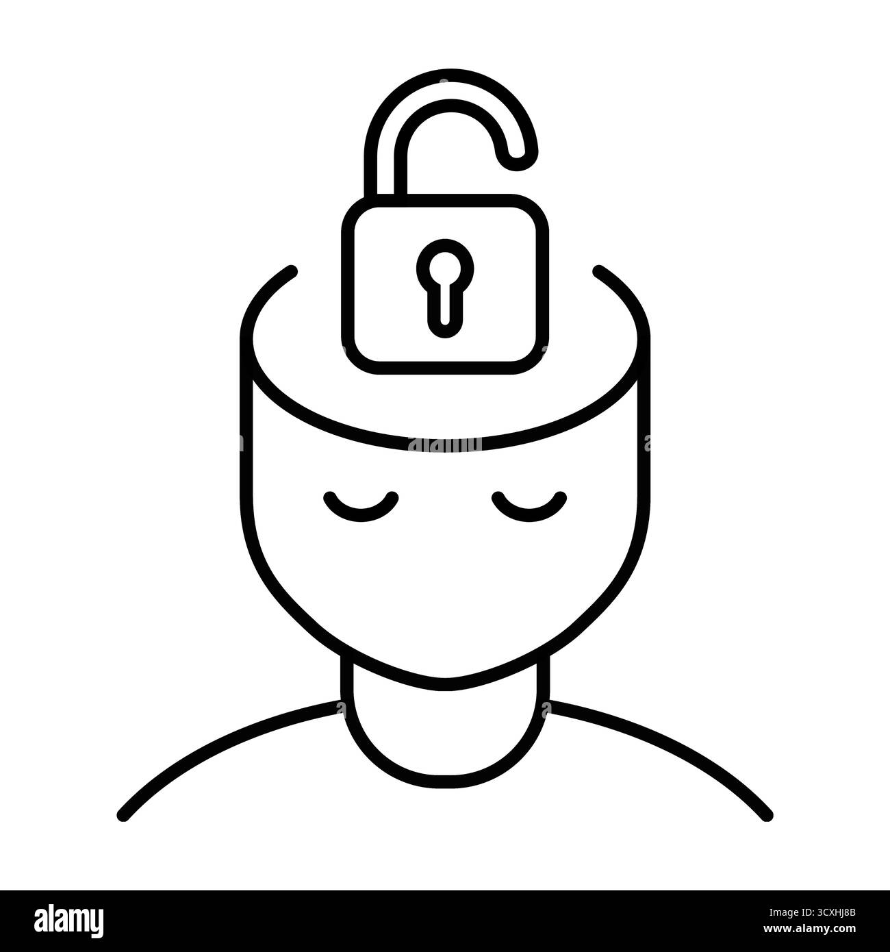 Concetto di mentalità aperta. Testa con icona a forma di lucchetto aperta. Pensiero sbloccato che simboleggia la mentalità aperta, l'istruzione, la terapia, la libertà mentale. Vettore Illustrazione Vettoriale