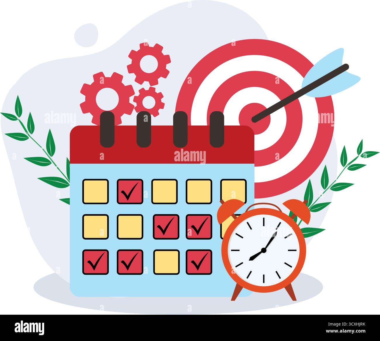 Calendario di gestione del tempo aziendale, impostazione degli obiettivi e icone di produttività Illustrazione Vettoriale