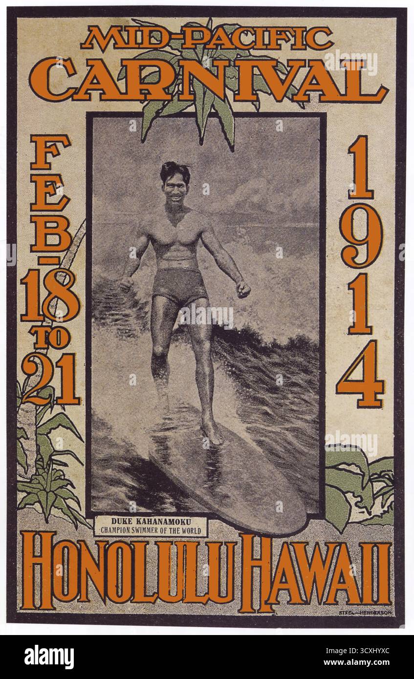 Uno splendido poster da viaggio vintage del 1910 per un festival del surf, chiamato MID Pacific Carnival, con sede a Honolulu, nelle Hawaii Foto Stock