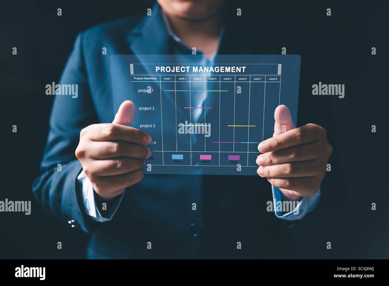 Il project manager sta lavorando su uno schermo virtuale, utilizzando il sistema di gestione dei progetti. Interfaccia cartografica Gantt per pianificare le attività, pianificare le tappe, monitorare i progressi Foto Stock