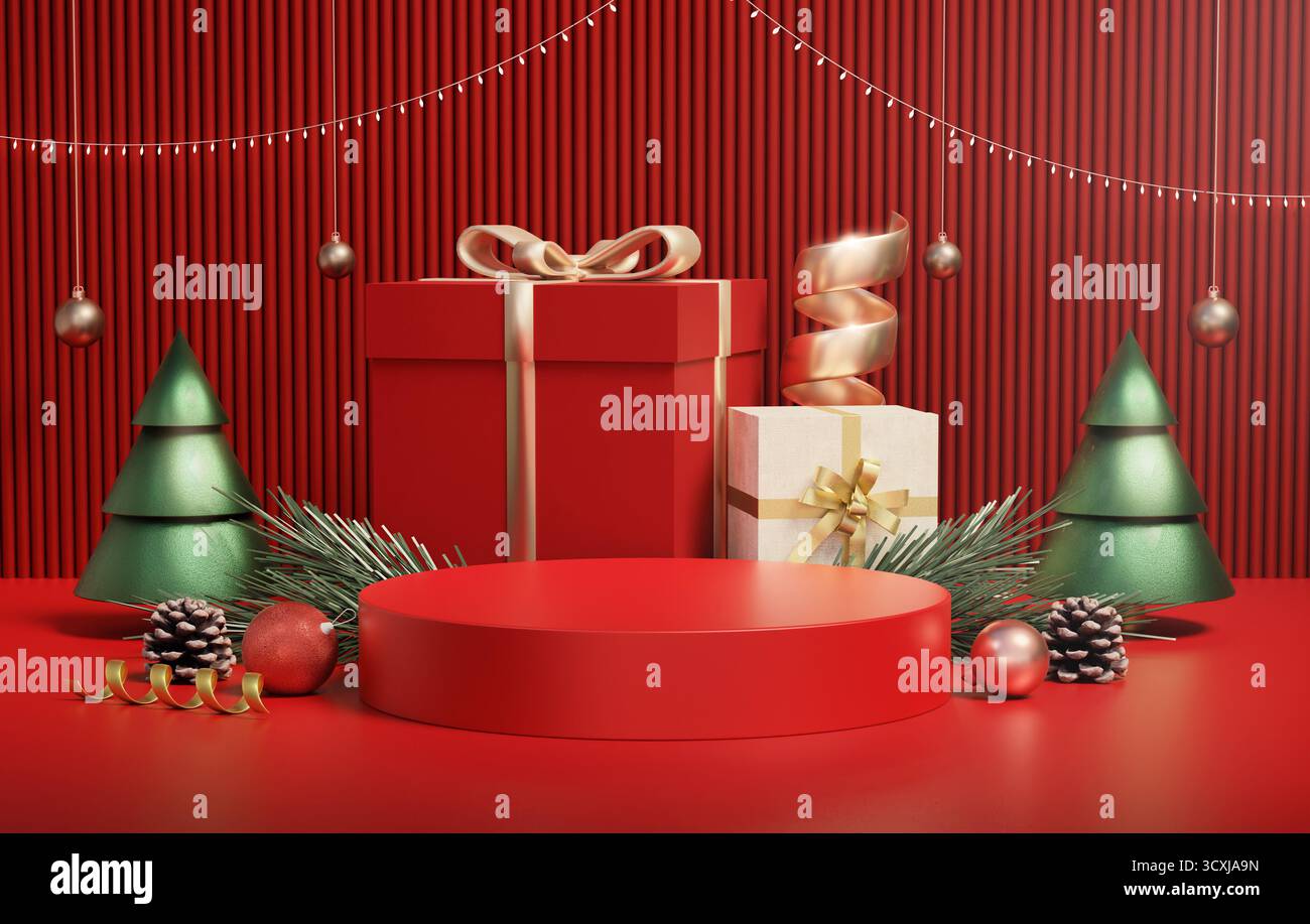 Espositore natalizio con regali ed elementi decorativi. Illustrazione di rendering 3D. Foto Stock