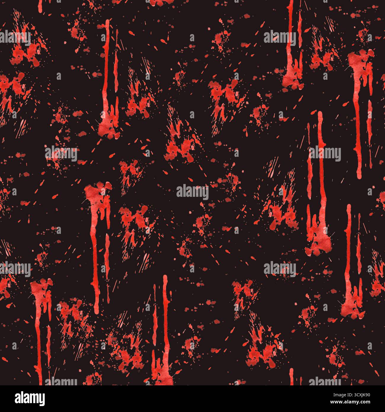 Schizzi di sangue e macchie senza cuciture. Immagini di colore rosso ad acquerello sfondo nero scuro isolato spruzzi di sangue realistici per Foto Stock
