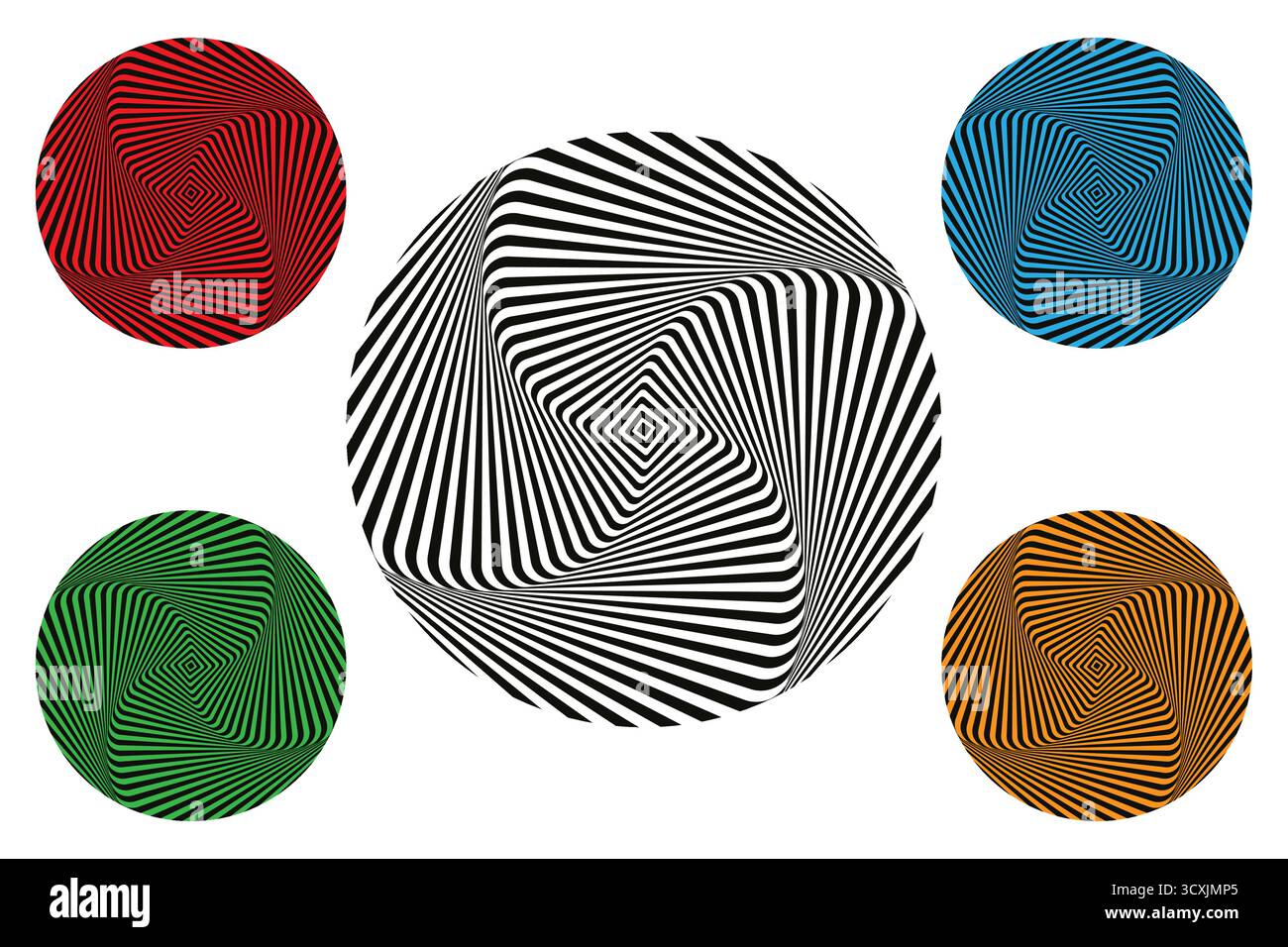 Set Op Art colorato logo cerchio a spirale con effetto di distorsione visiva che crea un'illusione ottica del tunnel. Banner ipnotico, icona Art design vec Illustrazione Vettoriale