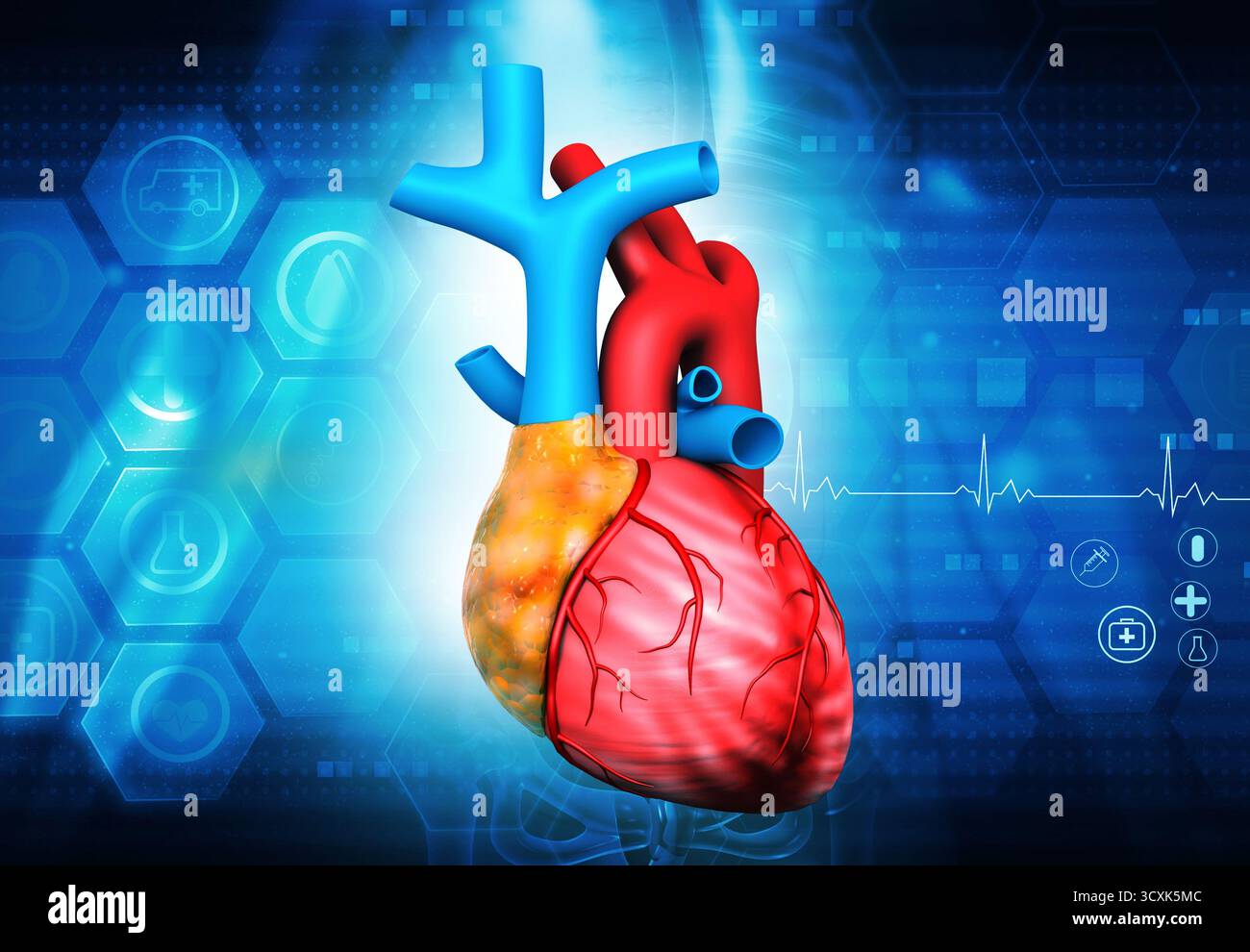 Cuore umano anatomia su sfondo medico. 3d illustrazione Foto Stock