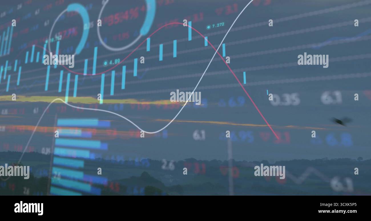 Sovrapposizione che mostra i dati finanziari sull'orizzonte rurale al crepuscolo con barre a candela e linee di tendenza Foto Stock