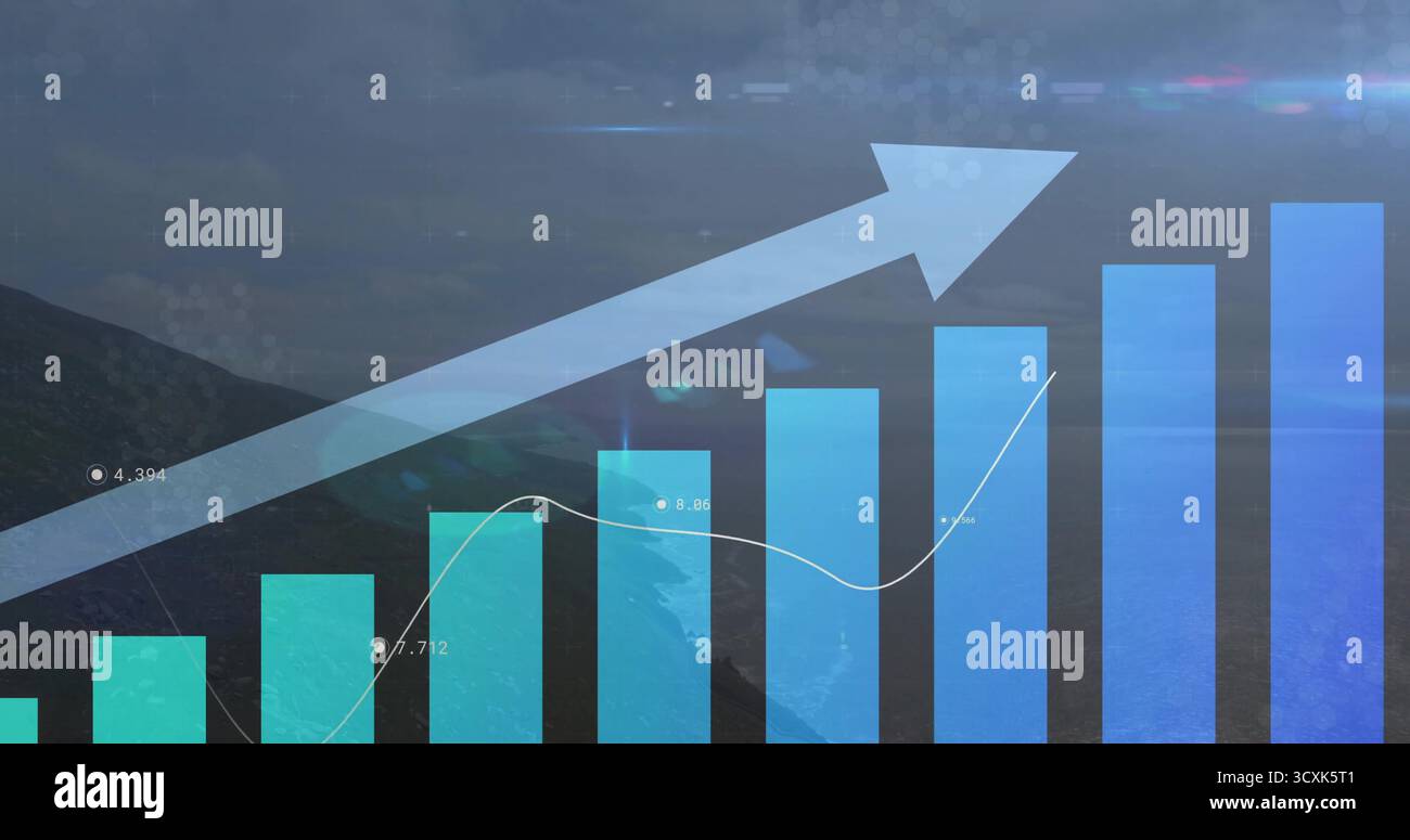 Visualizzazione di un grafico a barre verticale con grafico a linee sovrapposte e freccia verso l'alto sul paesaggio costiero aereo Foto Stock
