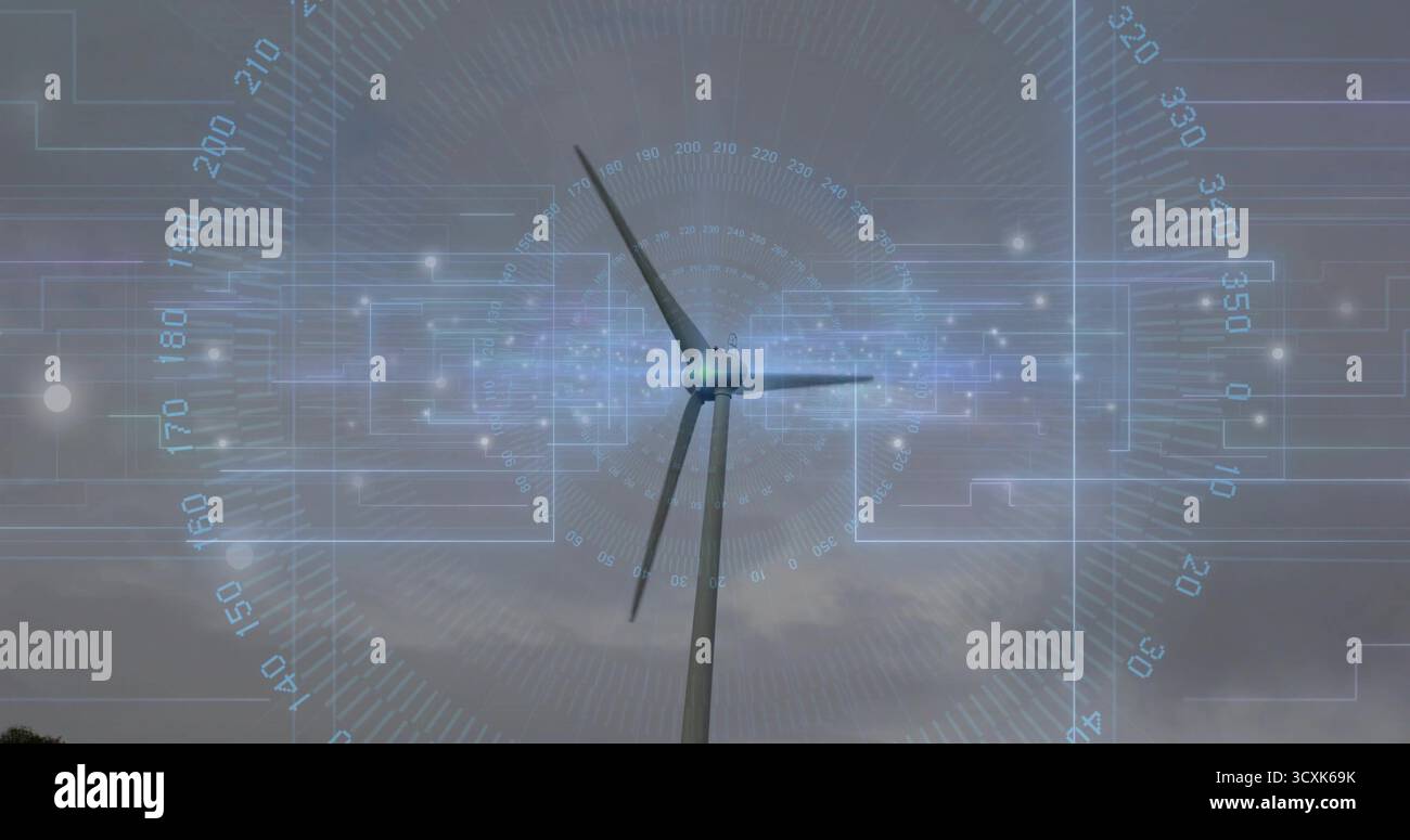 Visualizzazione delle pale rotanti delle turbine eoliche sotto il cielo nuvoloso del parco eolico, con sovrapposizione digitale HUD Foto Stock Visualizzazione delle pale rotanti delle turbine eoliche sotto il cielo nuvoloso del parco eolico, con sovrapposizione digitale HUD Foto Stock