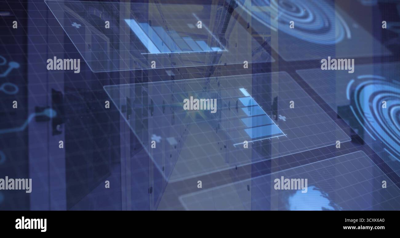 Proiezione di pannelli dell'interfaccia utente che visualizzano grafici a barre sui rack nella sala server, con icone dei nodi e sovrapposizione della griglia Foto Stock