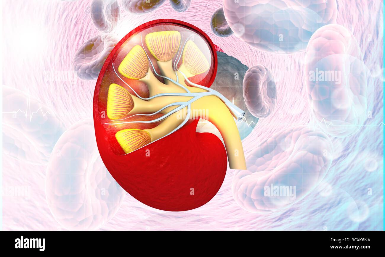 Anatomia renale umana su basi scientifiche. illustrazione 3d. Foto Stock