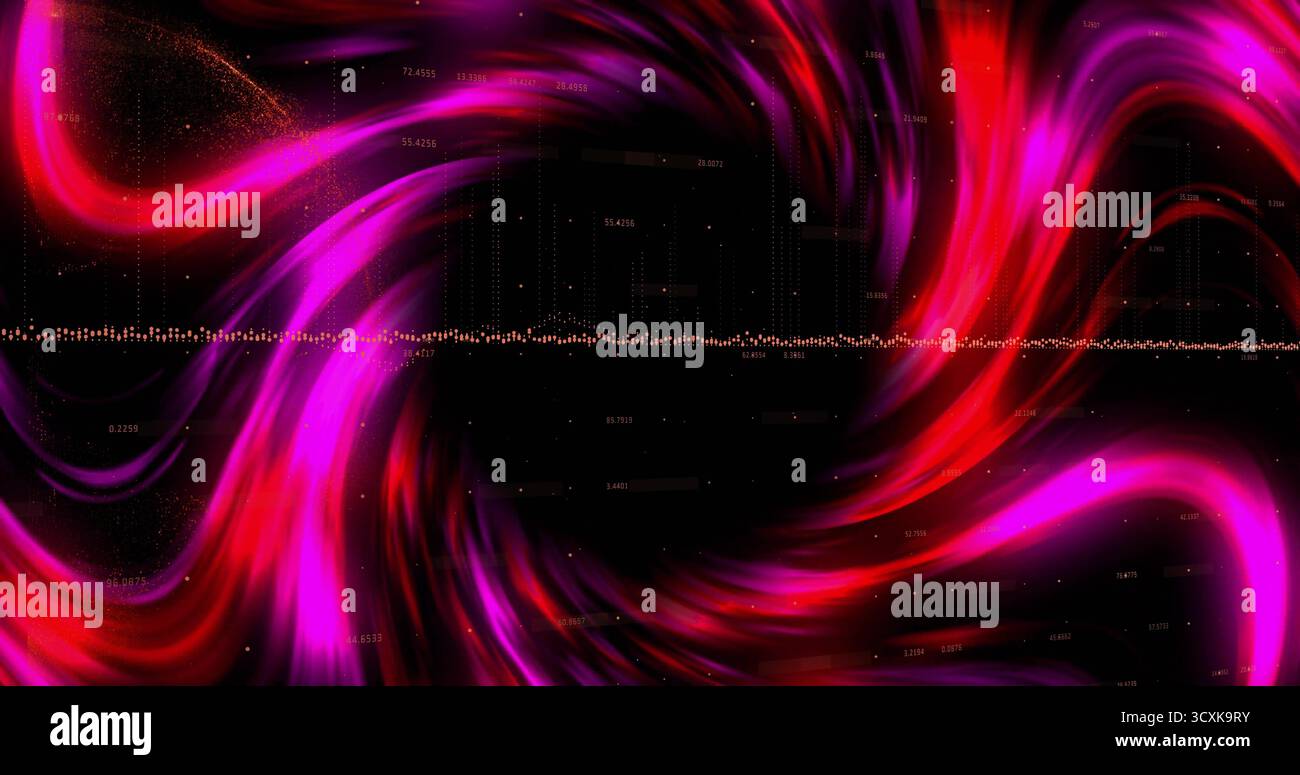 Visualizzazione delle forme d'onda al neon convergenti verso il vuoto centrale nello spazio virtuale, con punti dati numerici Foto Stock