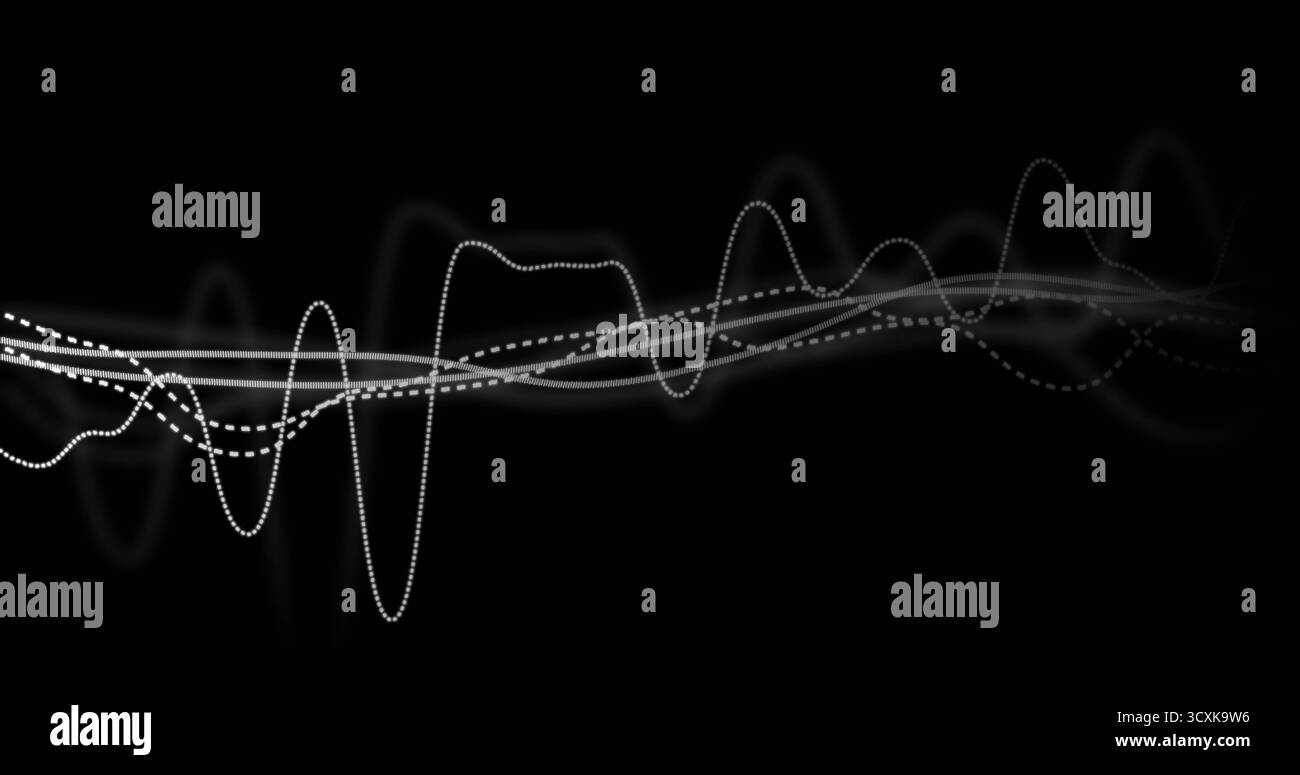 Visualizzazione di linee delle forme d'onda sovrapposte su un'area di lavoro nera, con picchi sottili pieni, tratteggiati e punteggiati Foto Stock