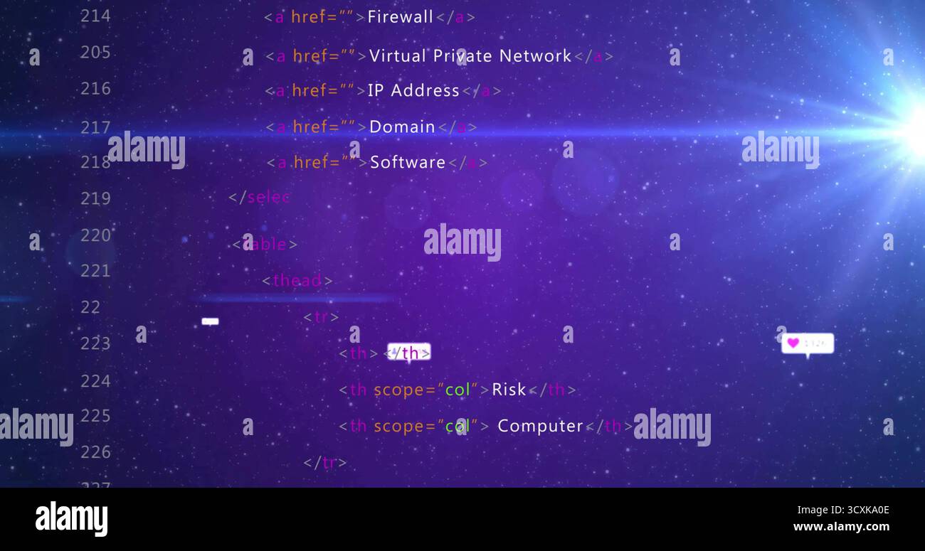 Visualizzazione di frammenti di codice con tag di ancoraggio e intestazioni nell'editor con sfondo cosmico, spazio di copia Foto Stock