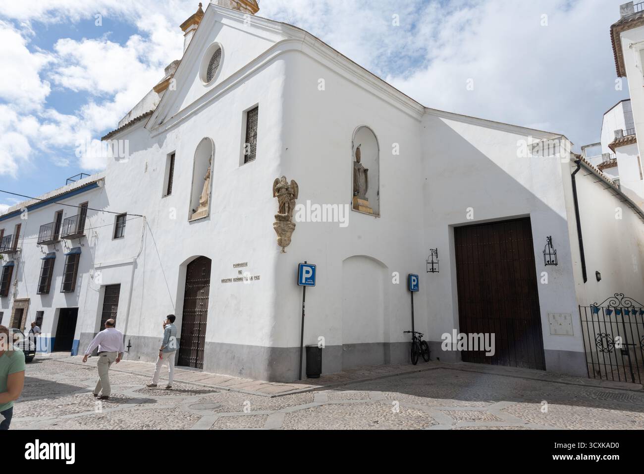 Dettaglio della tipica architettura di Cordova con pareti dipinte di bianco, cortili fioriti, finestre in ferro battuto e decorazioni in ceramica. Una vera e propria Foto Stock