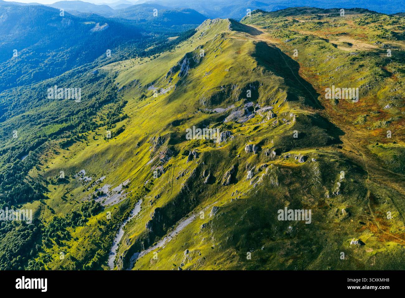 Vista aerea panoramica delle creste e delle valli che brillano di luce dorata Foto Stock