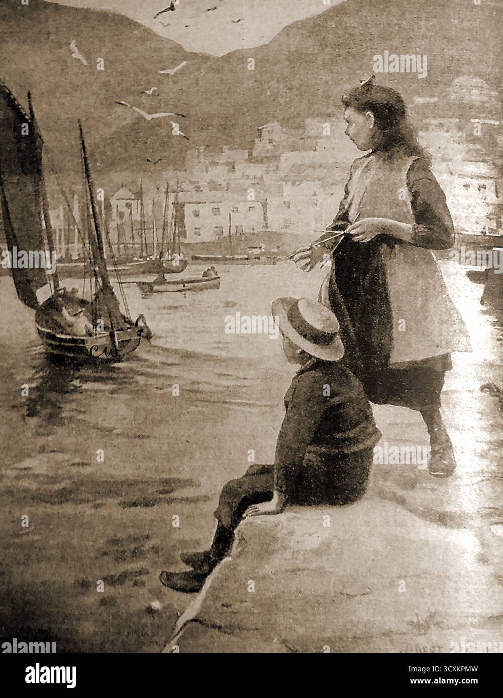 1887 - bambini vittoriani su un molo sul mare in un luogo sconosciuto che guarda uno yacht a vela. Foto Stock