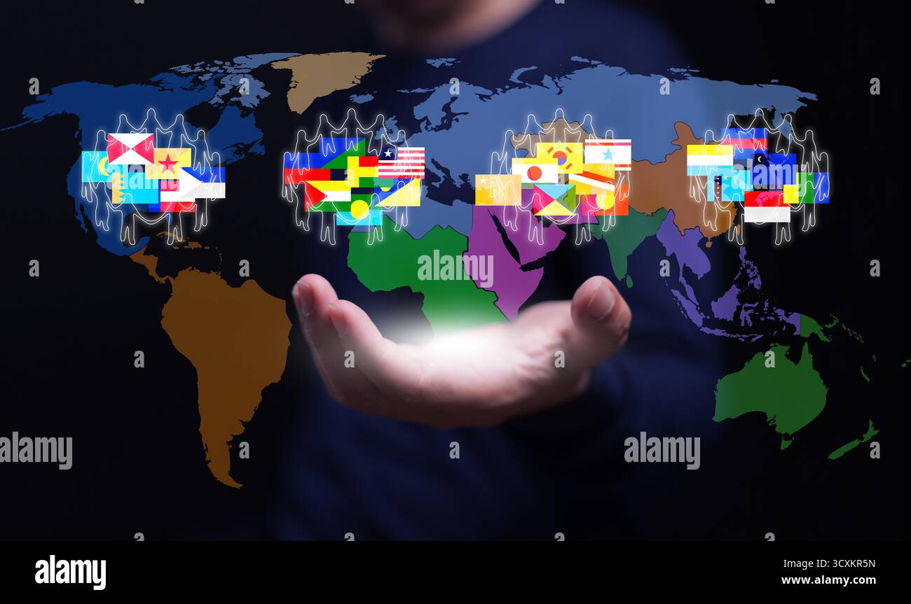 Cooperazione multilaterale e partnership internazionale, con profili di persone globali e bandiere miste su una mappa mondiale, che simboleggiano l'unità, EQUAL Foto Stock