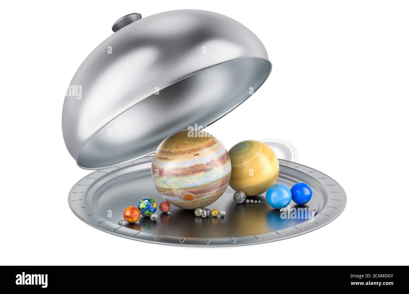 Pianeti del sistema solare su vassoio rendering 3D isolato su sfondo bianco Foto Stock