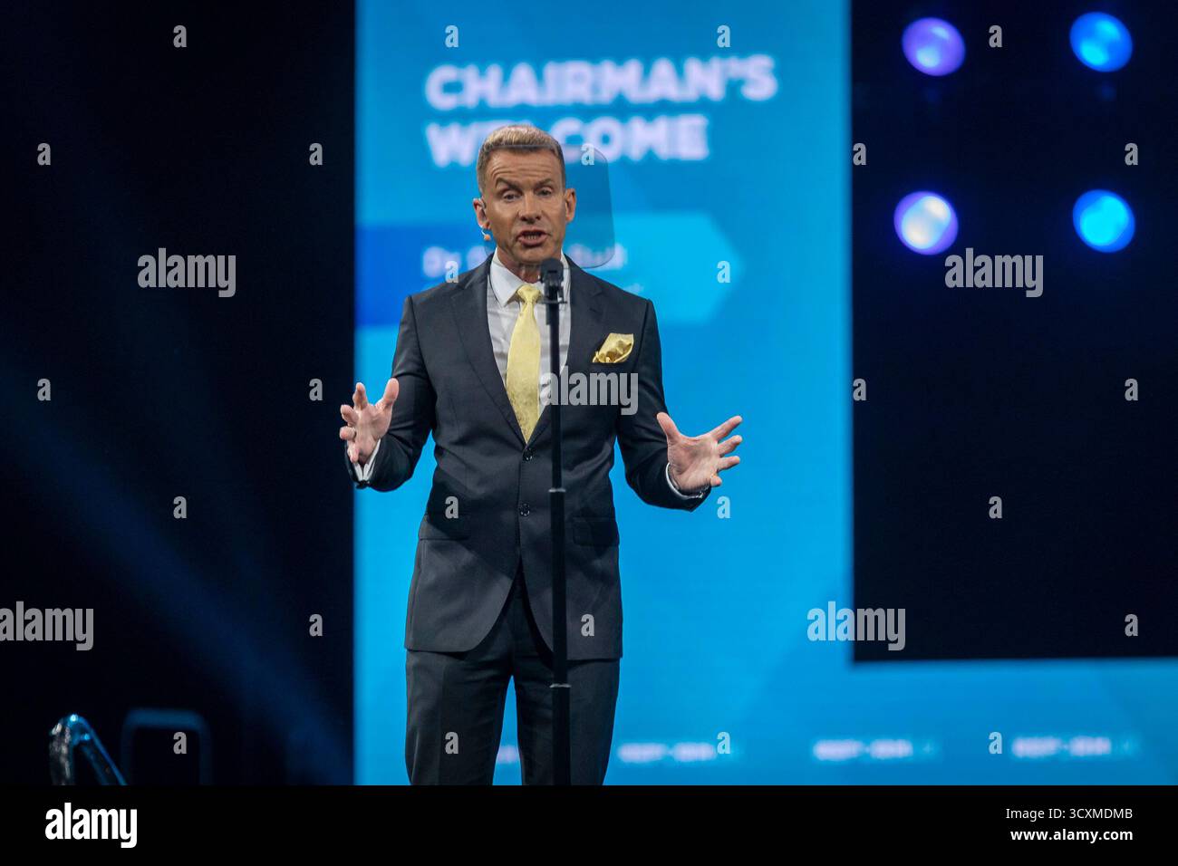 The NEC, Birmingham, Regno Unito – 5 settembre 2025 David Bull, presidente di Reform UK, pronuncia l'discorso di apertura ai delegati alla Reform UK Conference 2025. Foto Stock