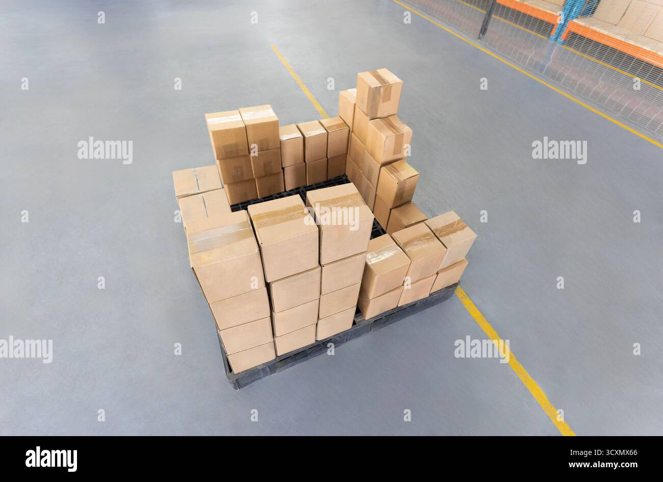 scatole di cartone su pallet, centro di distribuzione magazzino, stoccaggio per produttori, scaffalatura di scaffali industriali, Foto Stock