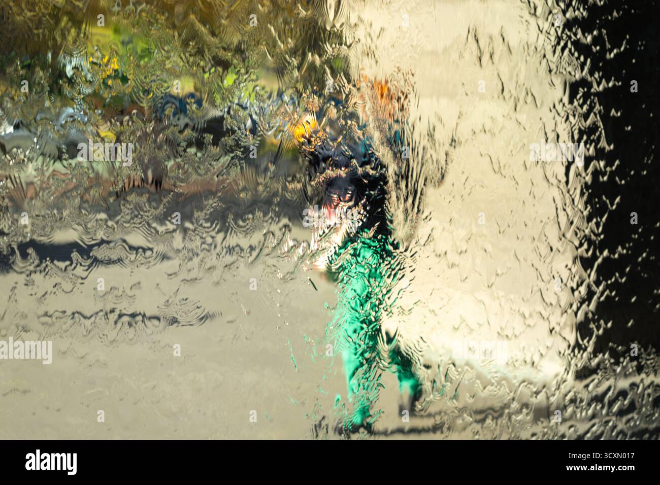 Il muro d'acqua della National Gallery of Victoria di Melbourne, Australia, distorce la vista delle persone e degli alberi dietro di esso. La creatura d'acqua a cascata Foto Stock