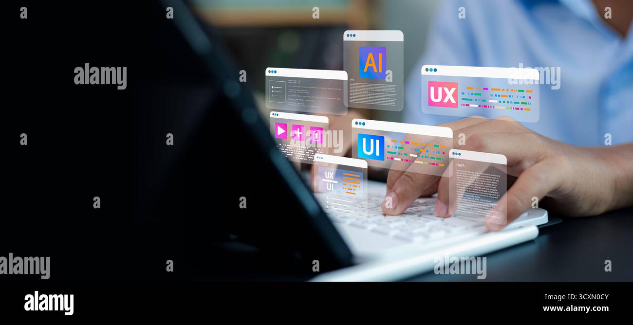 Progettazione UI UX digitazione su laptop con intelligenza artificiale virtuale e interfaccia dati, concetto di intelligenza artificiale, progettazione dell'esperienza utente e innovazione digitale Foto Stock