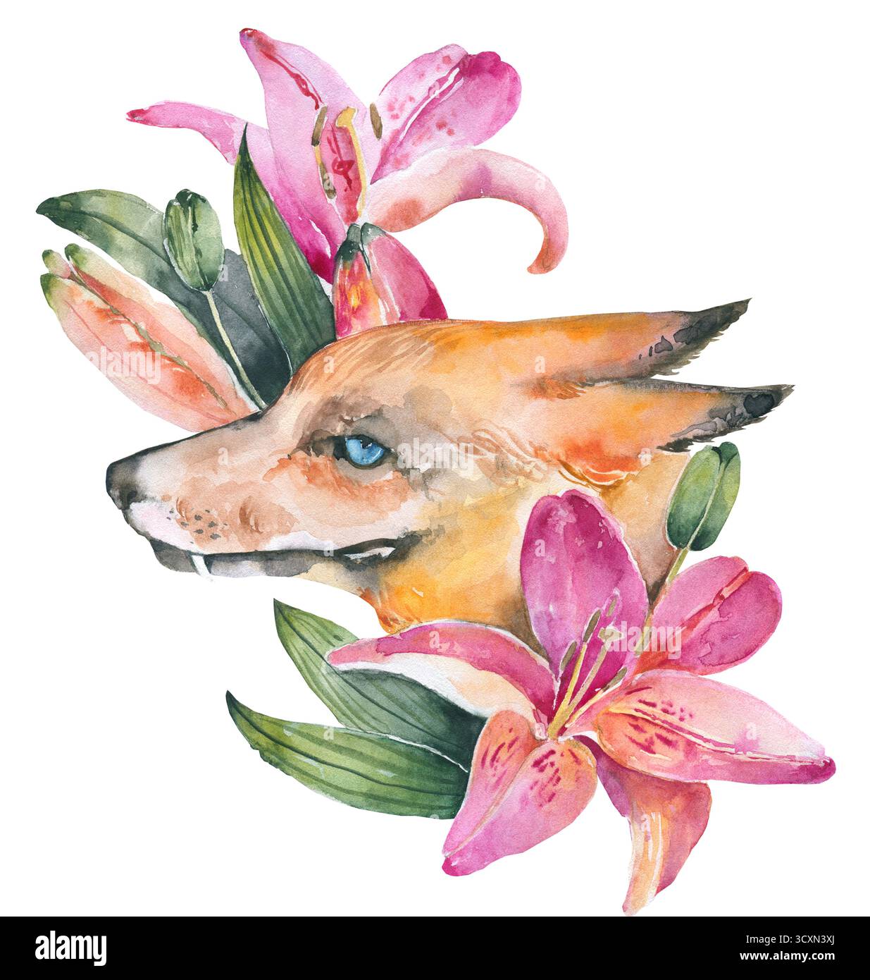 Illustrazione Fox Watercolor Arte ispirata alla natura Foto Stock