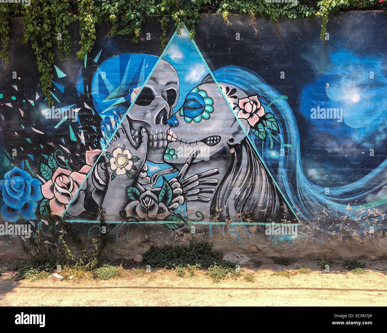 La vivace Street art urbana con elementi surreali decora un muro a San Miguel de Allende, Guanajuato, Messico, mescolando colori e immaginazione. Foto Stock