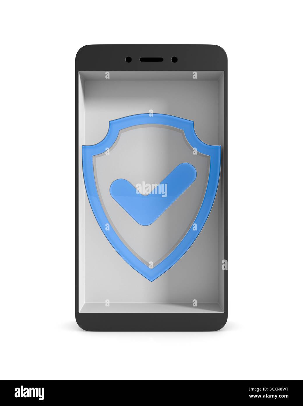 Telefono di protezione su sfondo bianco. Illustrazione 3D isolata Foto Stock