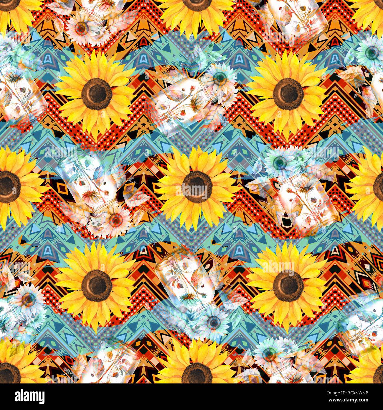 girasole giallo con motivo senza cuciture vaso e motivo di sfondo creativo astratto per la stampa di carta da parati e stampa in tessuto. Foto Stock