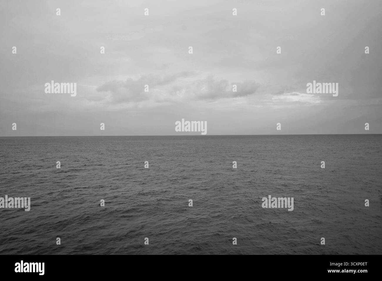 Fotografia in bianco e nero del Mar dei Caraibi sotto un cielo nuvoloso, che mostra il vasto orizzonte e le onde testurizzate, enfatizzando l'umore e la semplicità senza tempo Foto Stock