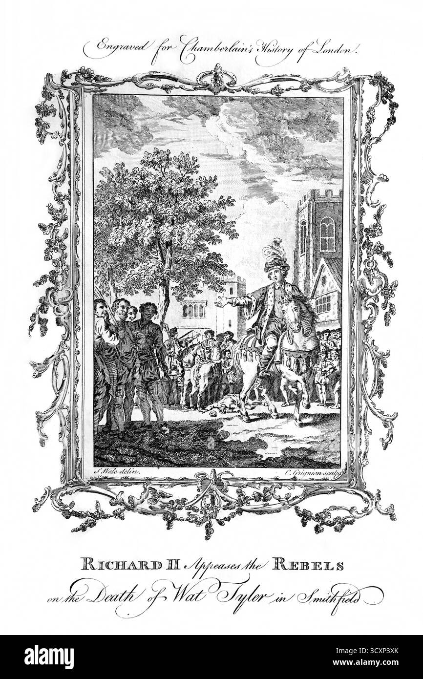 Illustrazione di re Riccardo II di 14 anni che placava i ribelli per la morte di Wat Tyler a Smithfield dopo che scoppiò la violenza durante i negoziati Foto Stock