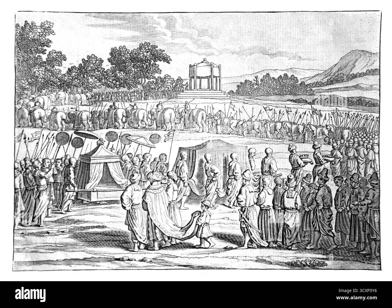 Antica illustrazione della Pomp funebre di un principe reale c1750 con una processione di elefanti e cavalli in lutto Foto Stock