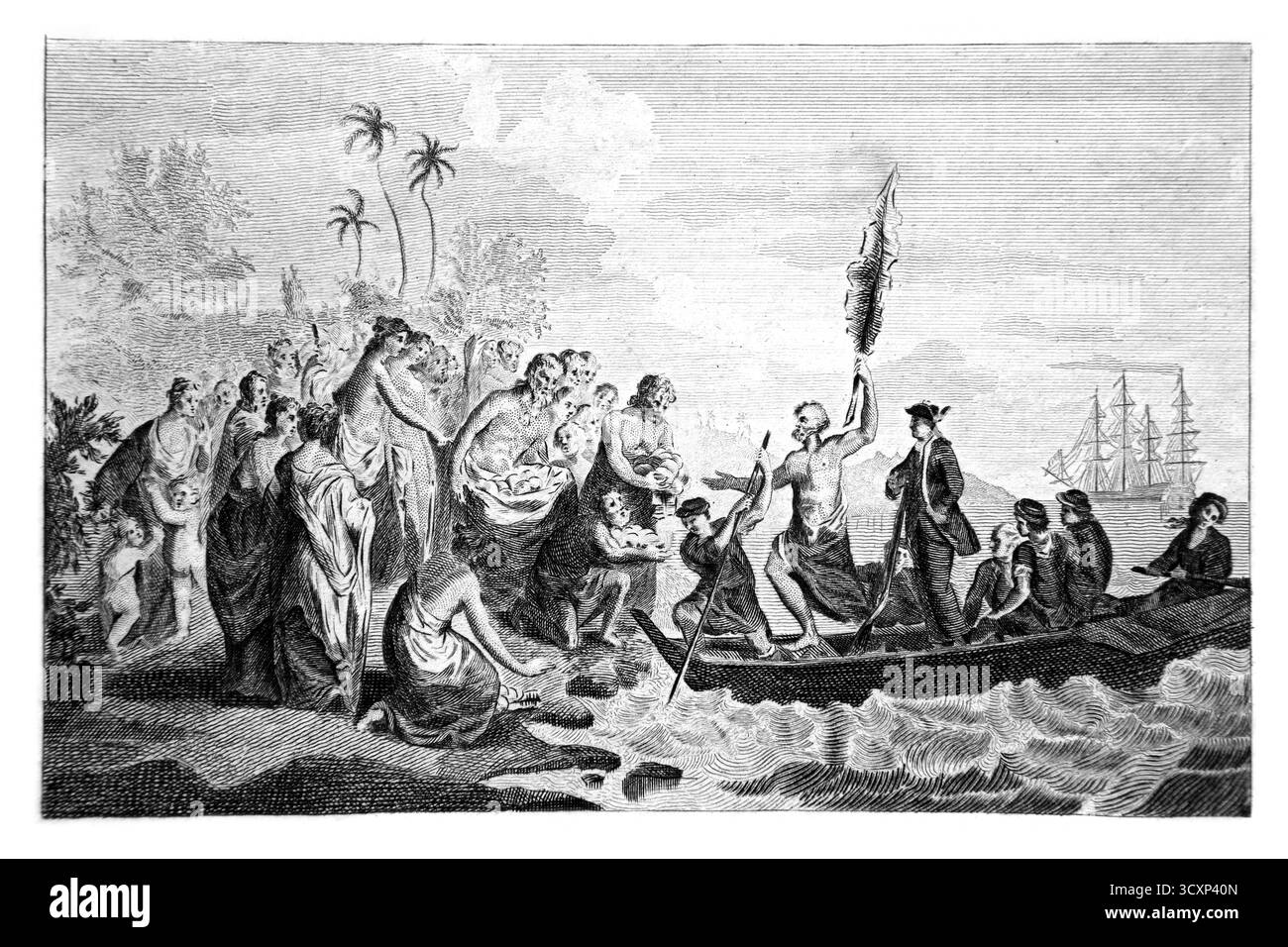 Incisione del Capitano James Cook primo sbarco a Middleburgh (Isola EUA) Tonga salutata dalla gente del posto da un'incisione del 1787 per la Lady's Maga Foto Stock