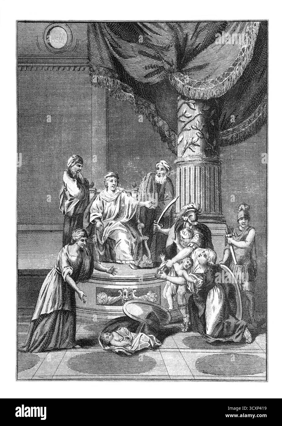 Illustrazione del giudizio di Salomone - due madri che vivevano nella stessa casa avevano ciascuno un figlio neonato uno era morto e ogni madre sosteneva la vita Foto Stock