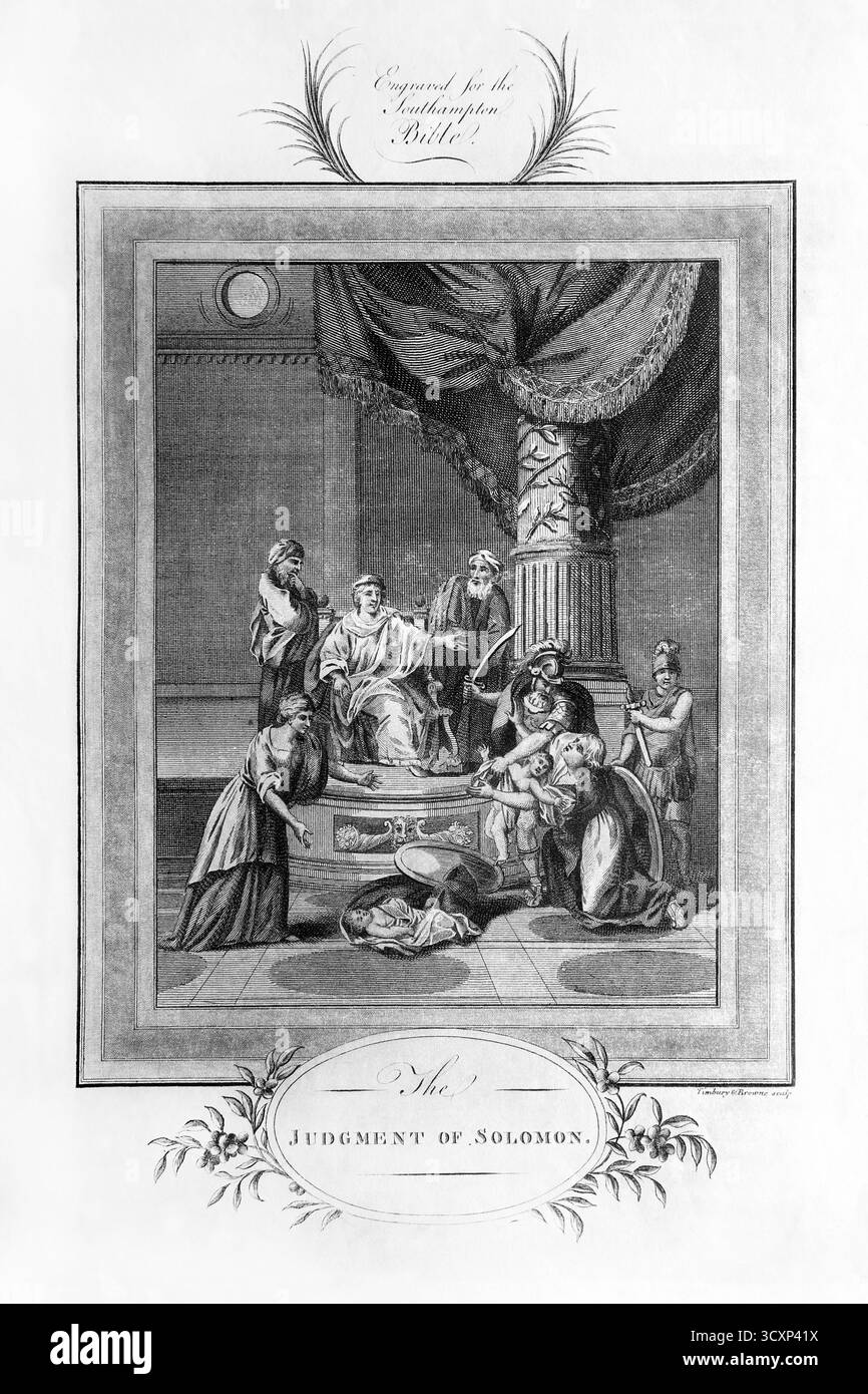 Illustrazione del giudizio di Salomone - due madri che vivevano nella stessa casa avevano ciascuno un figlio neonato uno era morto e ogni madre sosteneva la vita Foto Stock