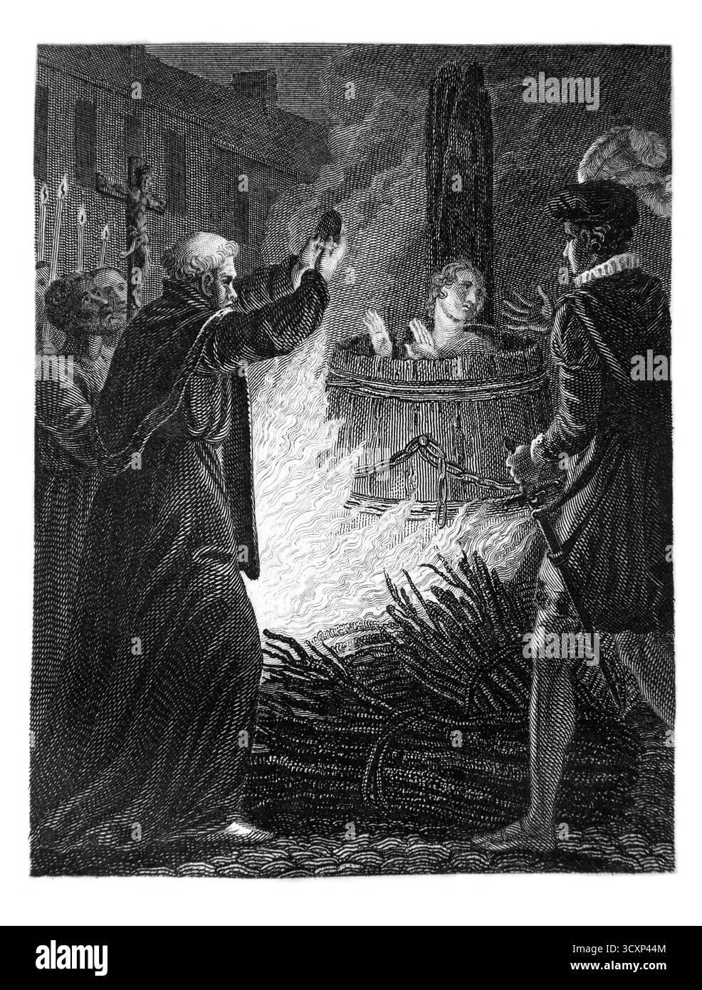 Illustrazione di John Badby (1380-1410) Un martire Lollard che era posto in un barile e legato a un palo mentre il priore di Bartolomeo a Smithfield hel Foto Stock