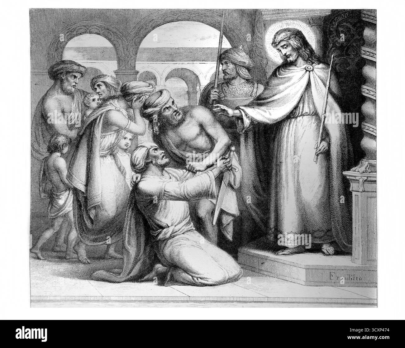 Illustrazione della parabola del servo spietato - il re perdonò il debito del servo dopo averlo implorato, eppure il Servo non si rifiutò Foto Stock