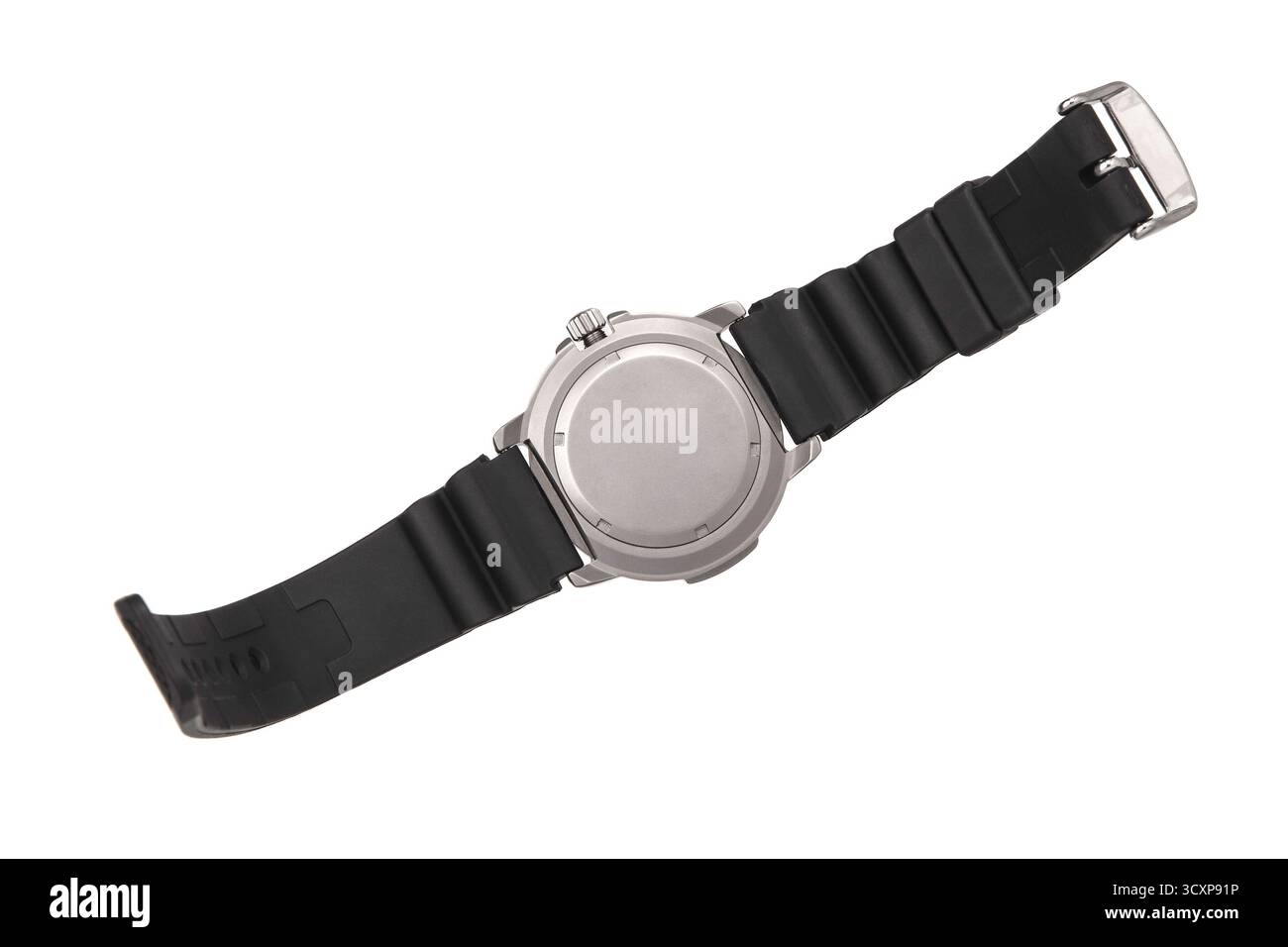 Il fondello in acciaio inossidabile e il cinturino in gomma nera di un orologio da immersione, isolato sul bianco. Foto Stock