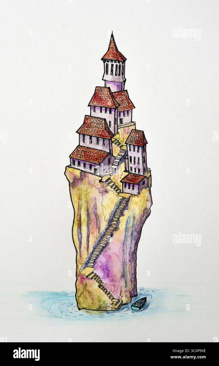 Disegno a inchiostro del piccolo Fantasy Village sulla cima della scogliera Foto Stock