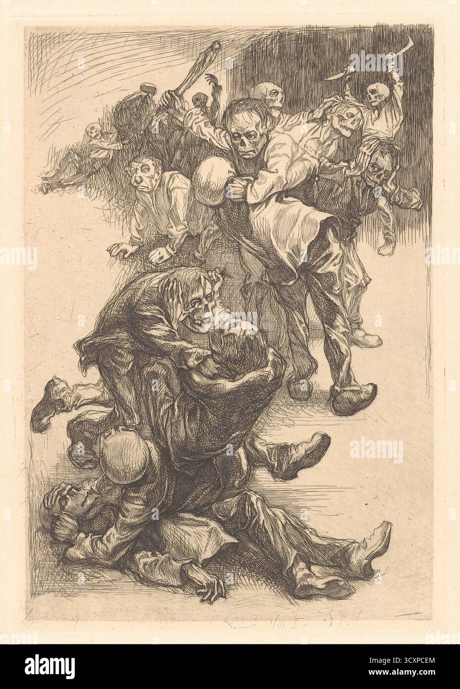 Johannes Josephus Aarts - Fighting Monsters - l'incisione "Fighting Monsters" è un esempio del successivo periodo "visionario" di Johannes Josephus Aarts dal 1920 al 1930, che spesso presentava scene apocalittiche. Aarts è stato un pittore, illustratore e grafico olandese noto per la sua abilità tecnica nell'incisione e litografia. Il suo lavoro prima di questo periodo spesso rappresentava temi sociali e la vita della gente comune, come lavoratori e agricoltori. Foto Stock