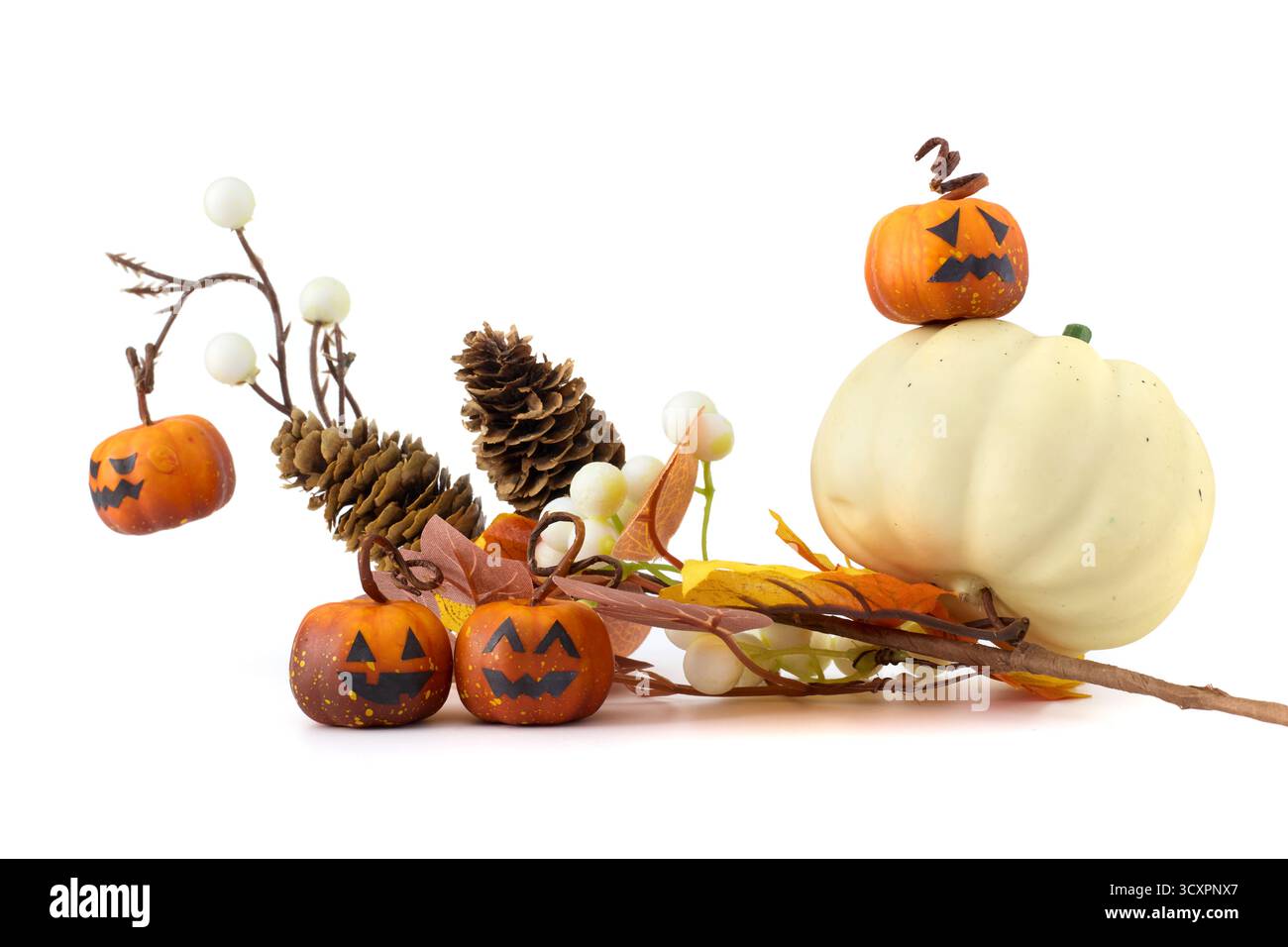 Natura morta di Halloween con piccole zucche jack-o'-lanterne, pinne, foglie autunnali e sfondo bianco Foto Stock
