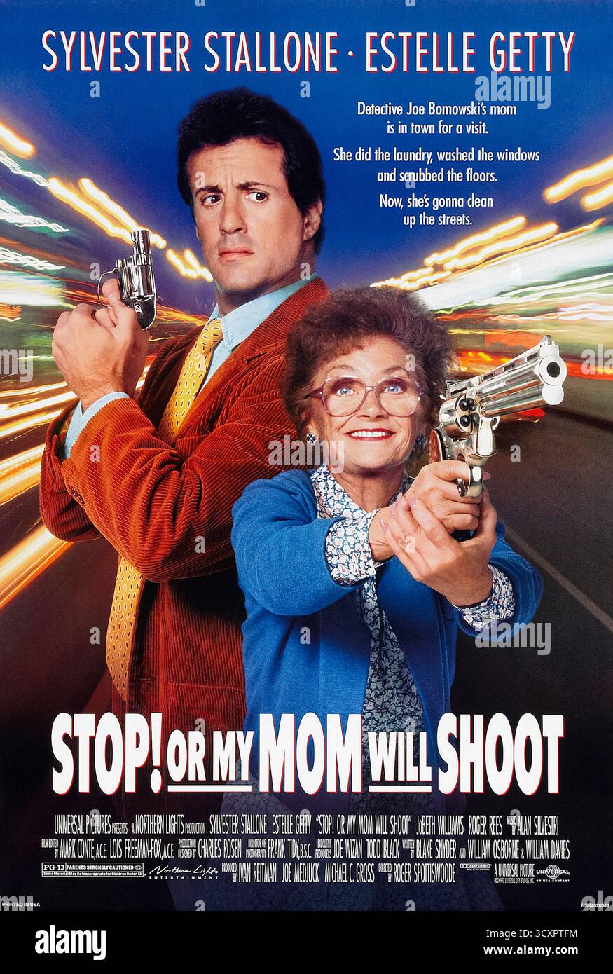 Basta! Or My Mom Will Shoot (1992) diretto da Roger Spottiswoode e interpretato da Sylvester Stallone, Estelle Getty e JoBeth Williams. La vita di un poliziotto duro è sconvolta quando la sua madre introversa si trasferisce e complica il suo ultimo caso. Fotografia di un poster originale del 1992 USA a un foglio SOLO PER USO EDITORIALE. Crediti: BFA / Universal Pictures Foto Stock